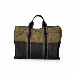 Hermes Canvas Fourre Tout Holdall Tote Bag in Green and Navy Size MM